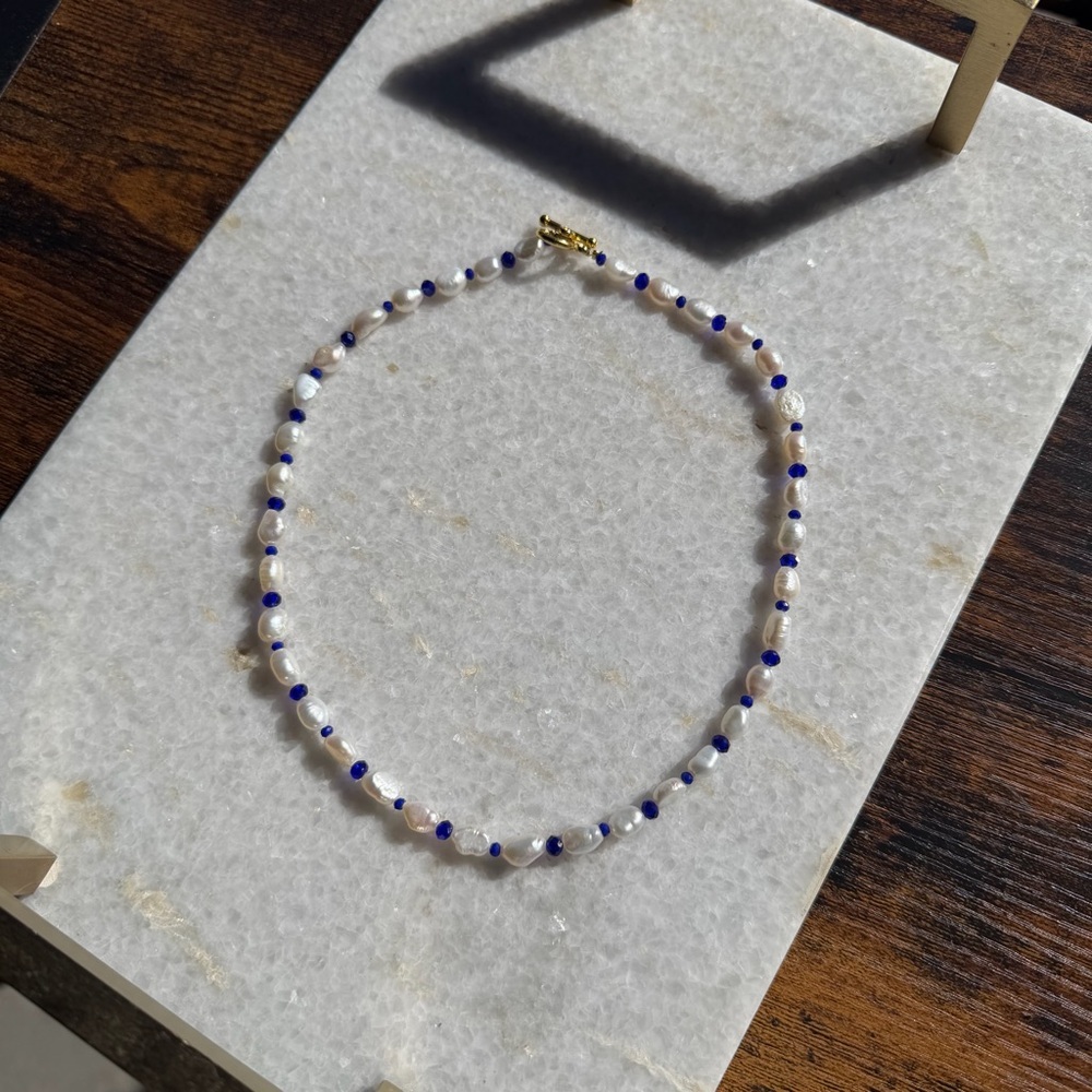 Freshwater Pearl & Blue Crystal Beaded Necklace - Picture 2 of 5